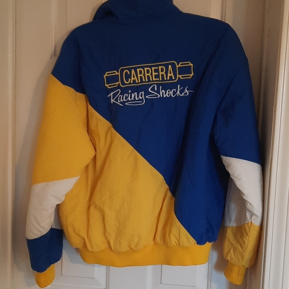 Vintage Puffy jacket sz large Carrara racing shocks blue yellow white 90's zip